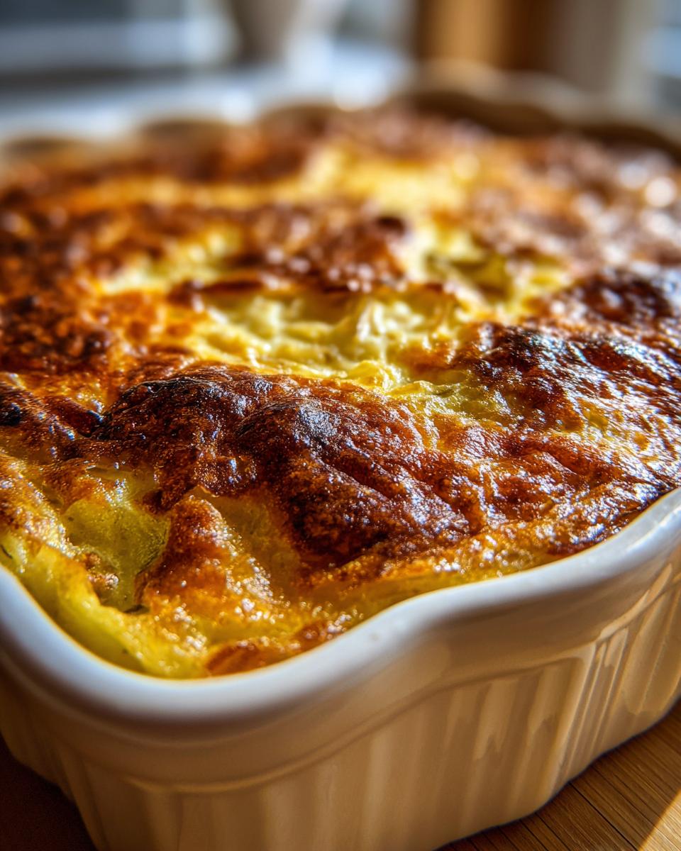 Close-up of a baked Leek Gratin in a white baking dish, golden brown and bubbly.
