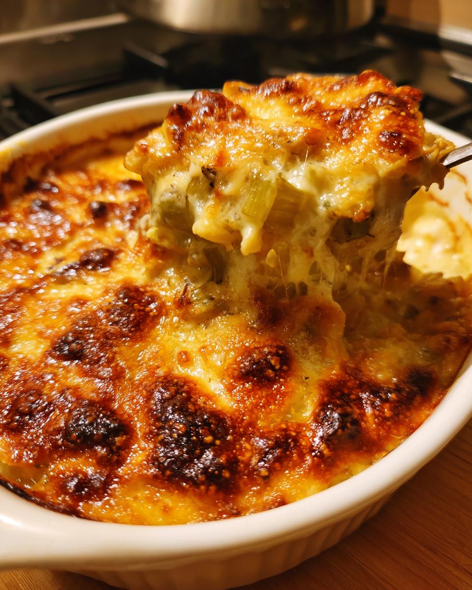 Close-up of a cheesy Leek Gratin being lifted from the baking dish, showing melted cheese.