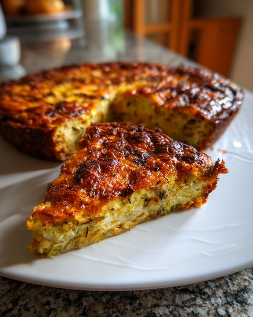 A slice of golden-brown Leek Gratin on a white plate, showcasing the creamy filling and crispy top.