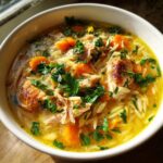 Close-up of a bowl of Lemon Chicken Orzo Soup with chicken, orzo, carrots, and parsley.