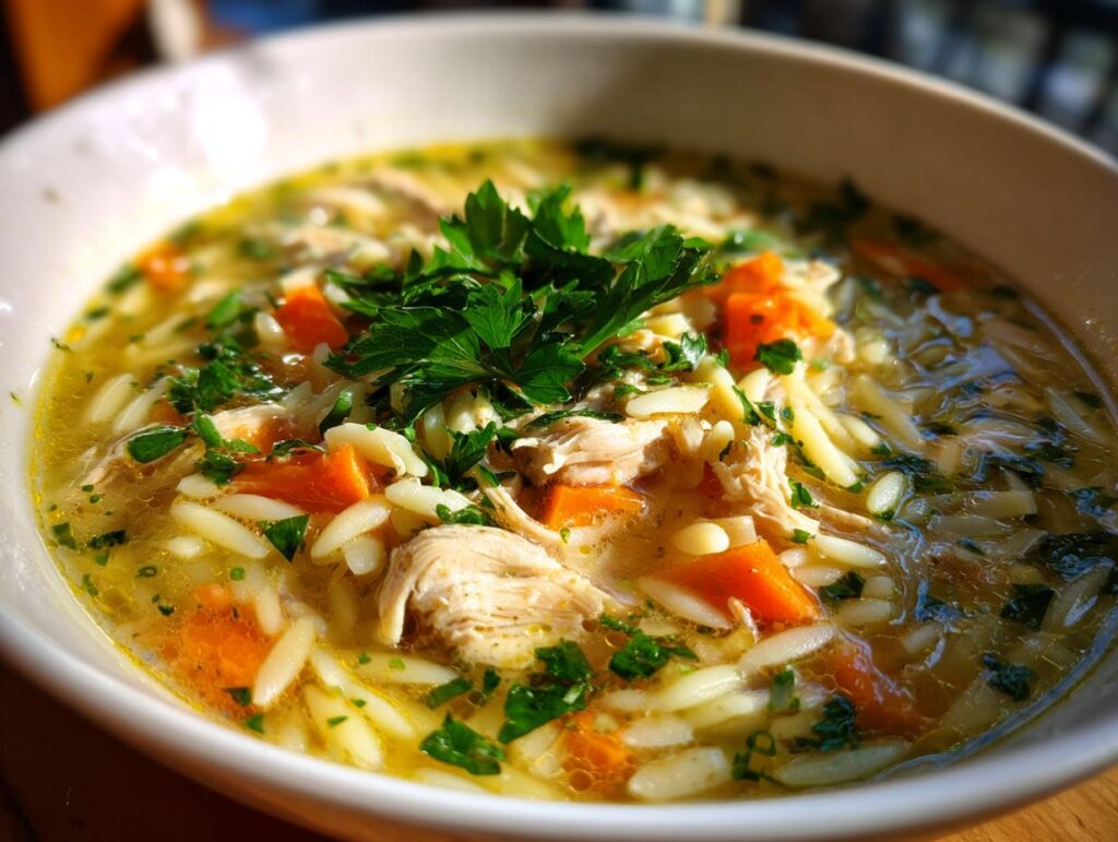 Close-up of a bowl of Lemon Chicken Orzo Soup with chicken, orzo, carrots, and fresh parsley.