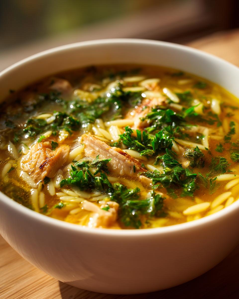 Close-up of a bowl of Lemon Chicken Orzo Soup with chicken, orzo, and herbs.