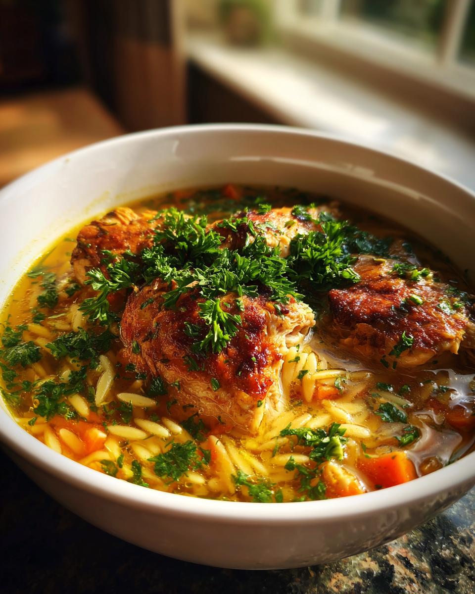 Close-up of a bowl of Lemon Chicken Orzo Soup with chicken, orzo, carrots, and parsley.