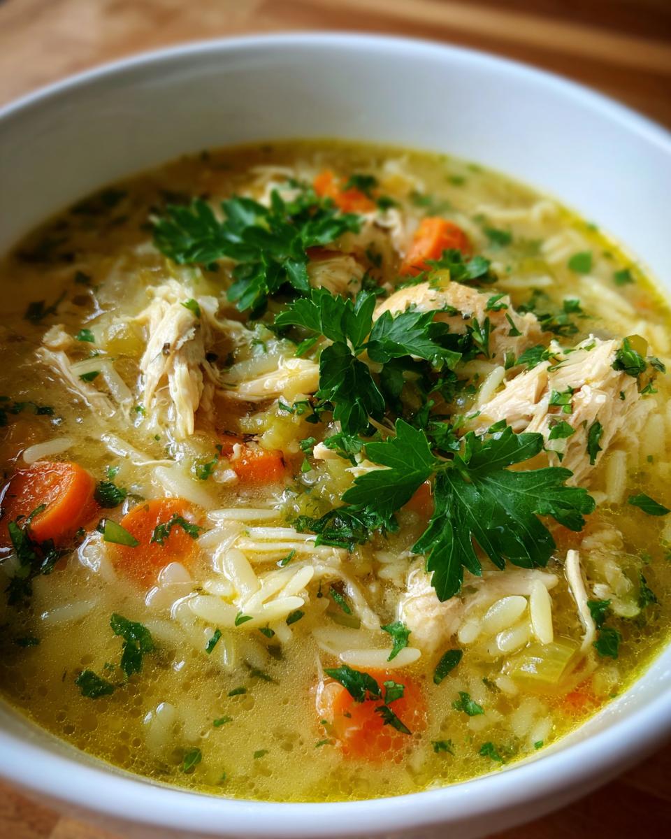 Close-up of a bowl of Lemon Chicken Orzo Soup with chicken, orzo, carrots, and parsley.