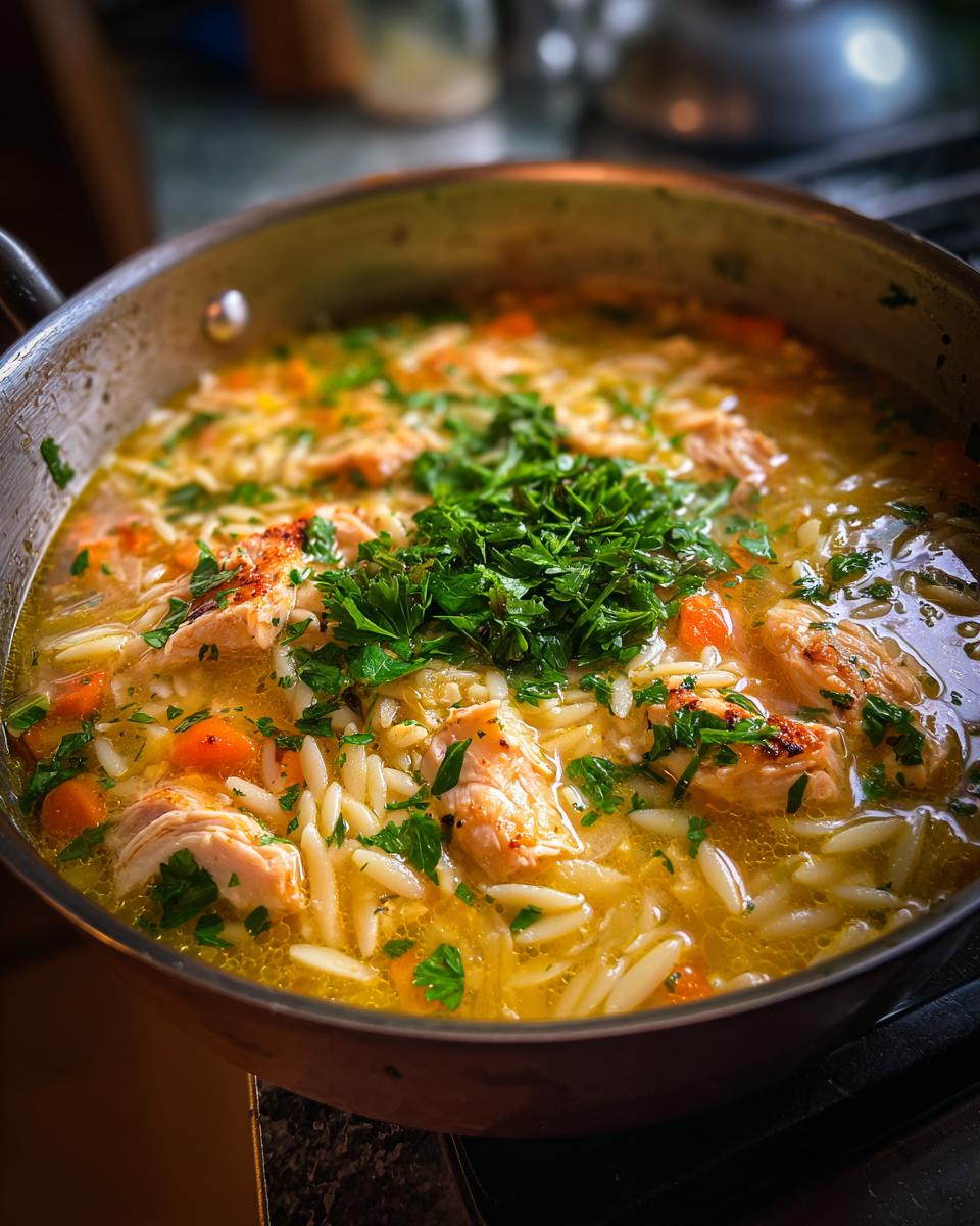 Close-up of a pot of Lemon Chicken Orzo Soup with chicken, orzo, and carrots, garnished with fresh parsley.
