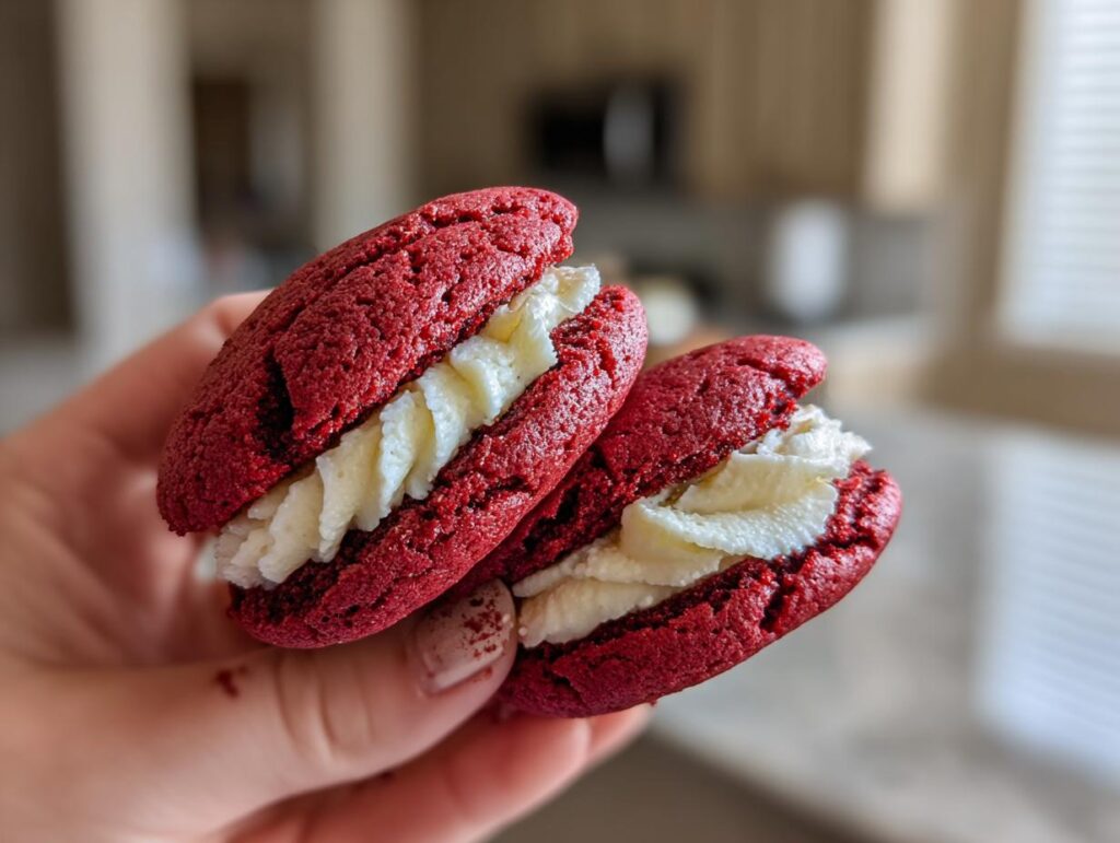 Close-up of Levain Bakery-Style Red Velvet Cookies with cream cheese filling, held in hand.