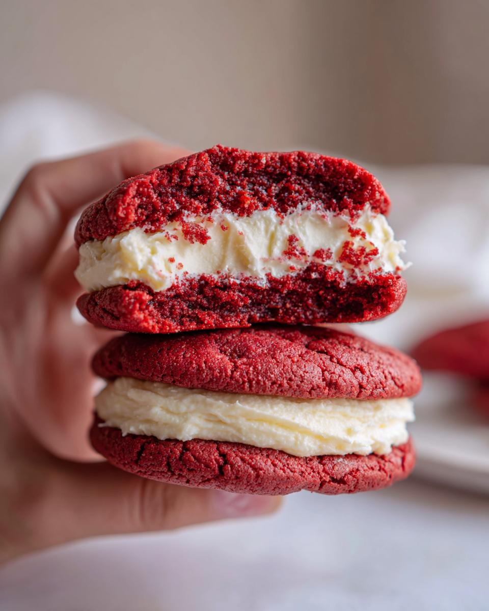 Close-up of Levain Bakery-Style Red Velvet Cookies with cream cheese filling, held in hand.