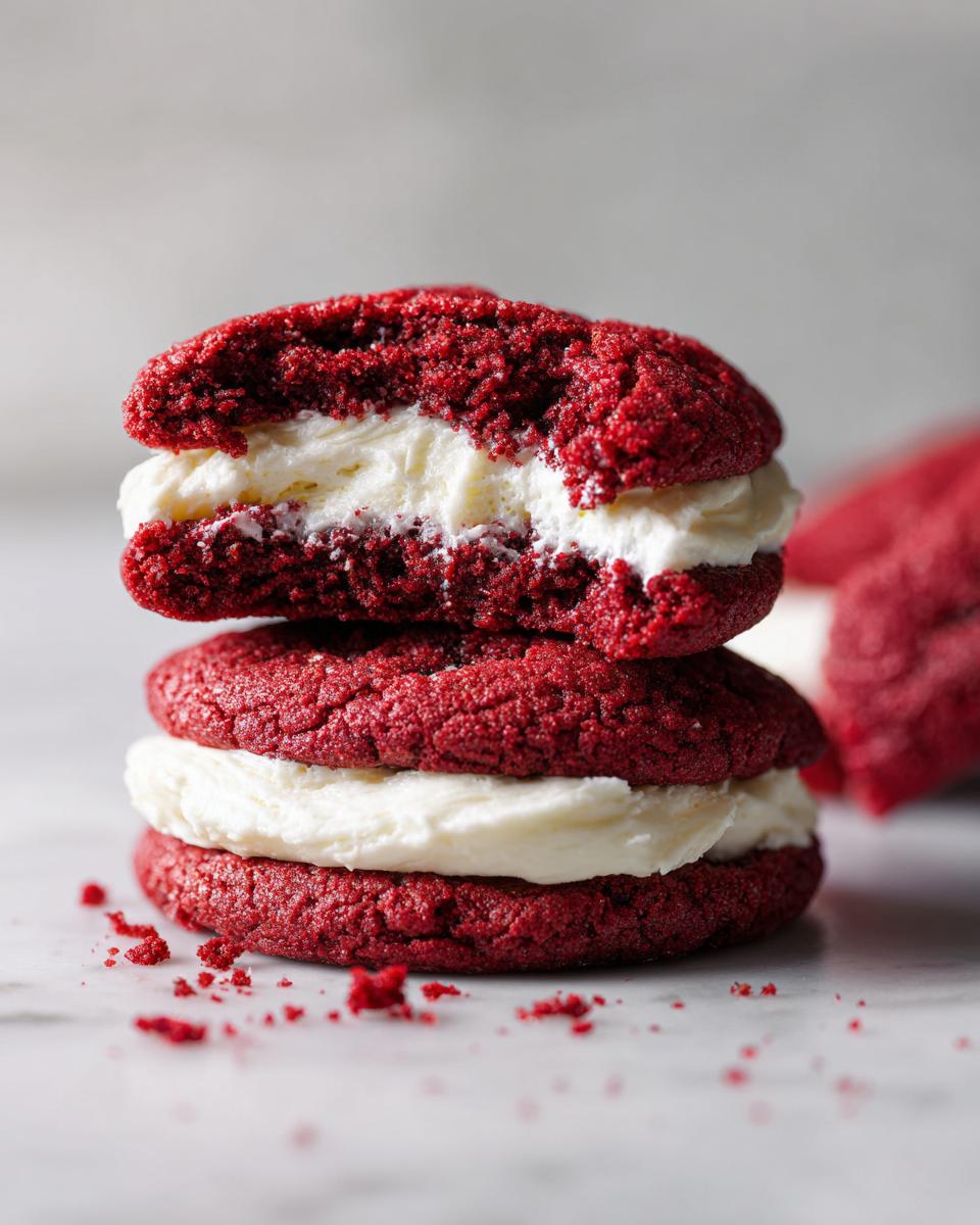 Close-up of two Levain Bakery-Style Red Velvet Cookies with cream cheese filling.