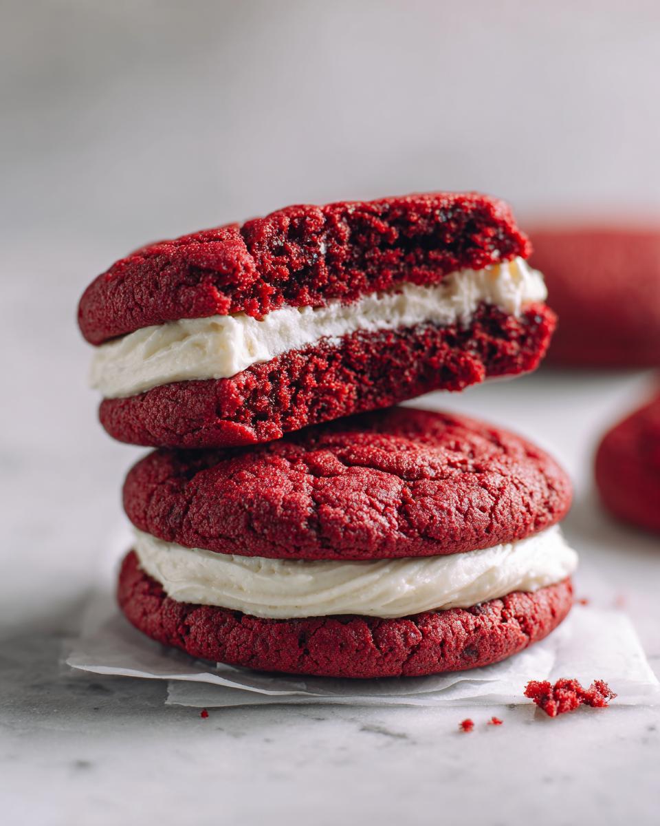 Stack of Levain Bakery-Style Red Velvet Cookies with cream cheese frosting, a delicious treat.