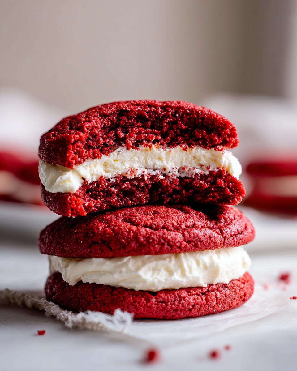 Close-up of stacked Levain Bakery-Style Red Velvet Cookies with cream cheese filling.