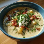 A bowl of creamy Loaded Baked Potato Soup topped with sour cream, bacon, and chives.