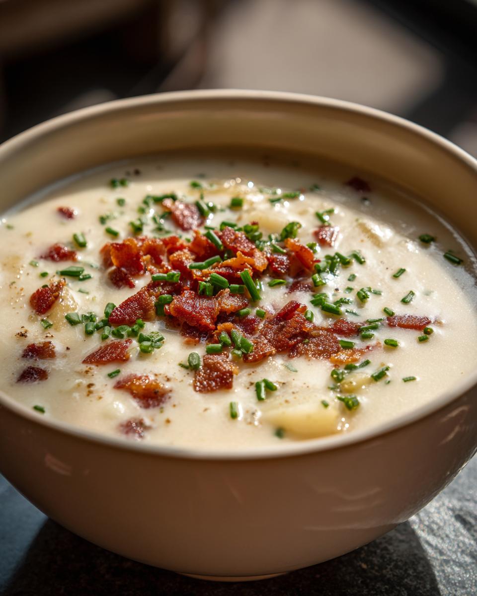 Close-up of a bowl of Loaded Baked Potato Soup, topped with bacon and chives.