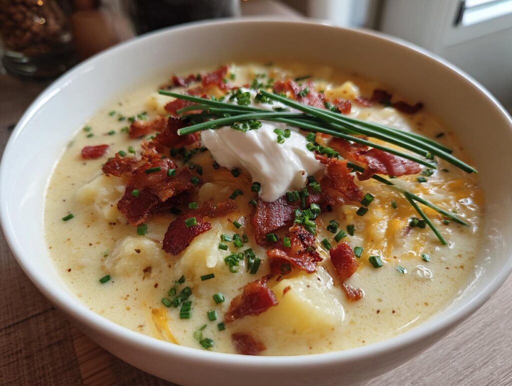 A bowl of creamy Loaded Baked Potato Soup, topped with bacon, sour cream, and chives.