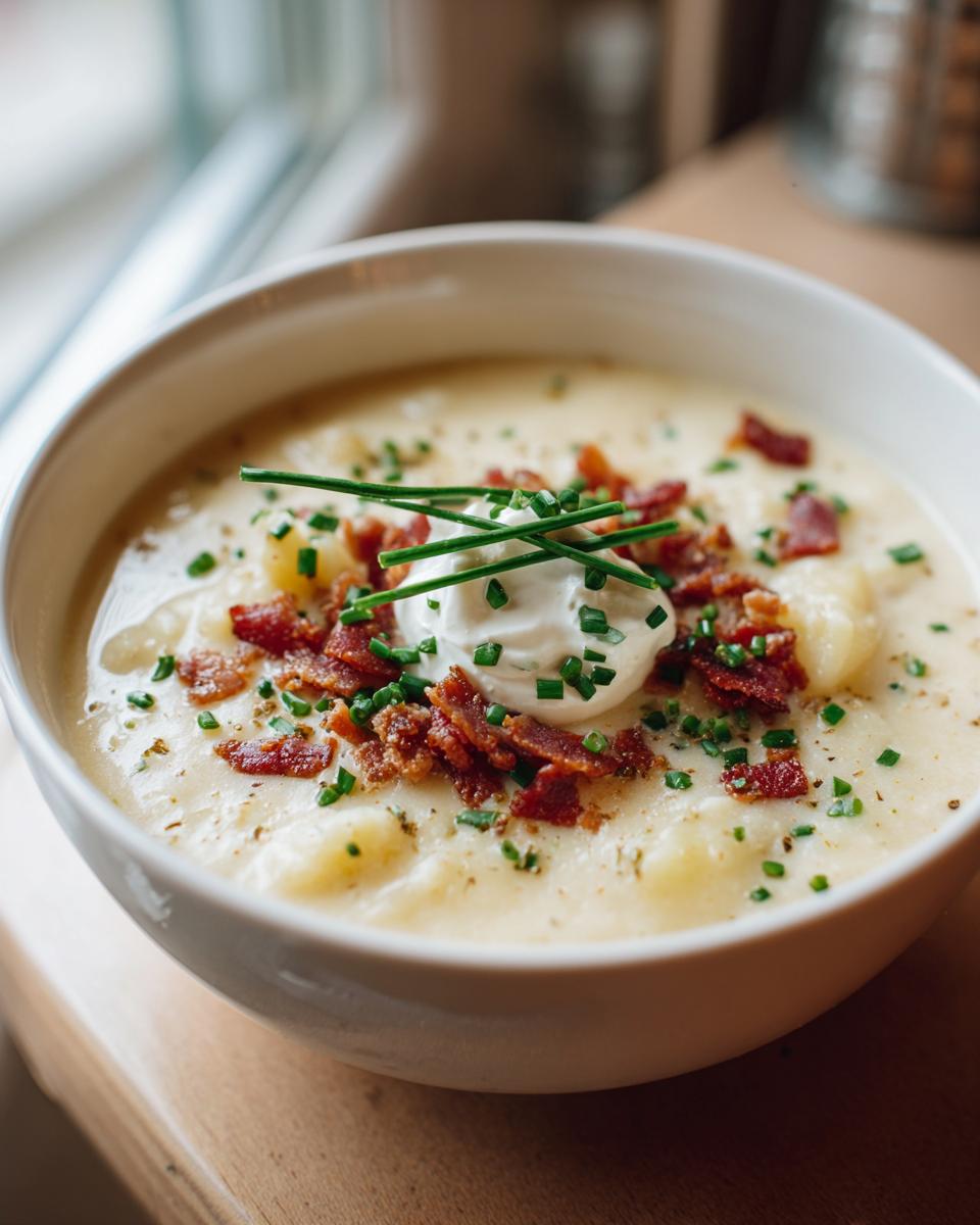 A bowl of creamy Loaded Baked Potato Soup topped with sour cream, bacon, and chives.