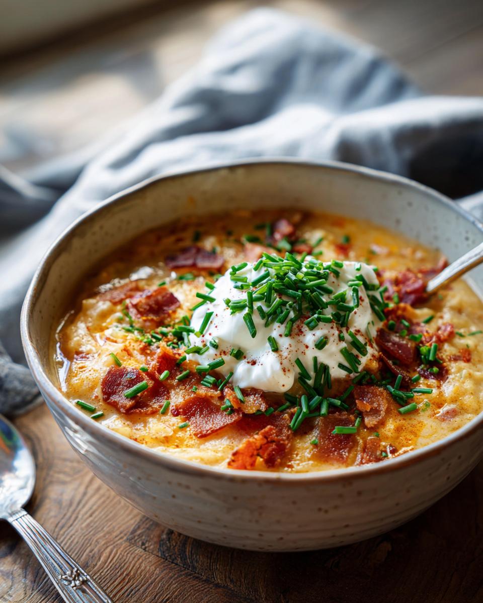 Close-up of a bowl of Loaded Baked Potato Soup topped with sour cream, bacon, and chives.
