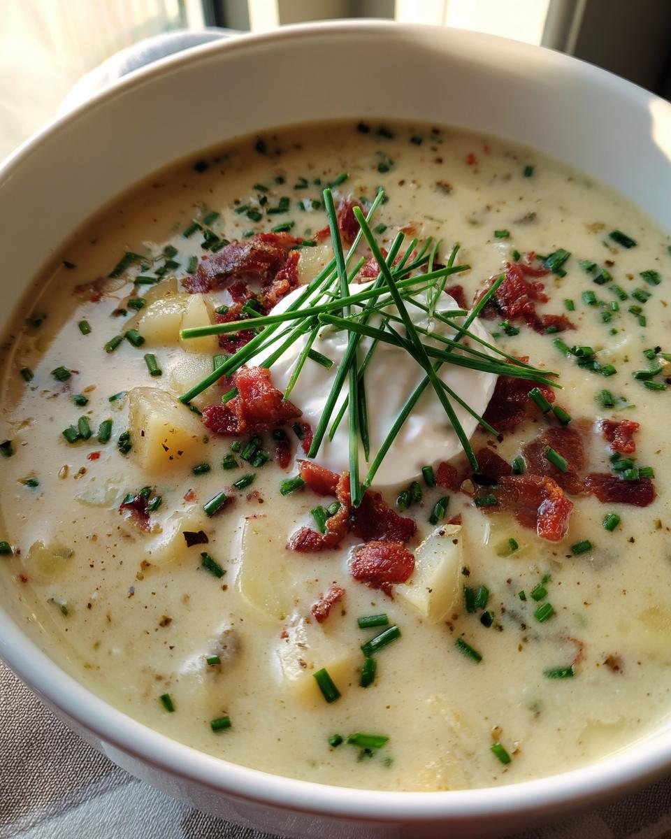 A bowl of creamy Loaded Baked Potato Soup topped with bacon, chives, and sour cream.