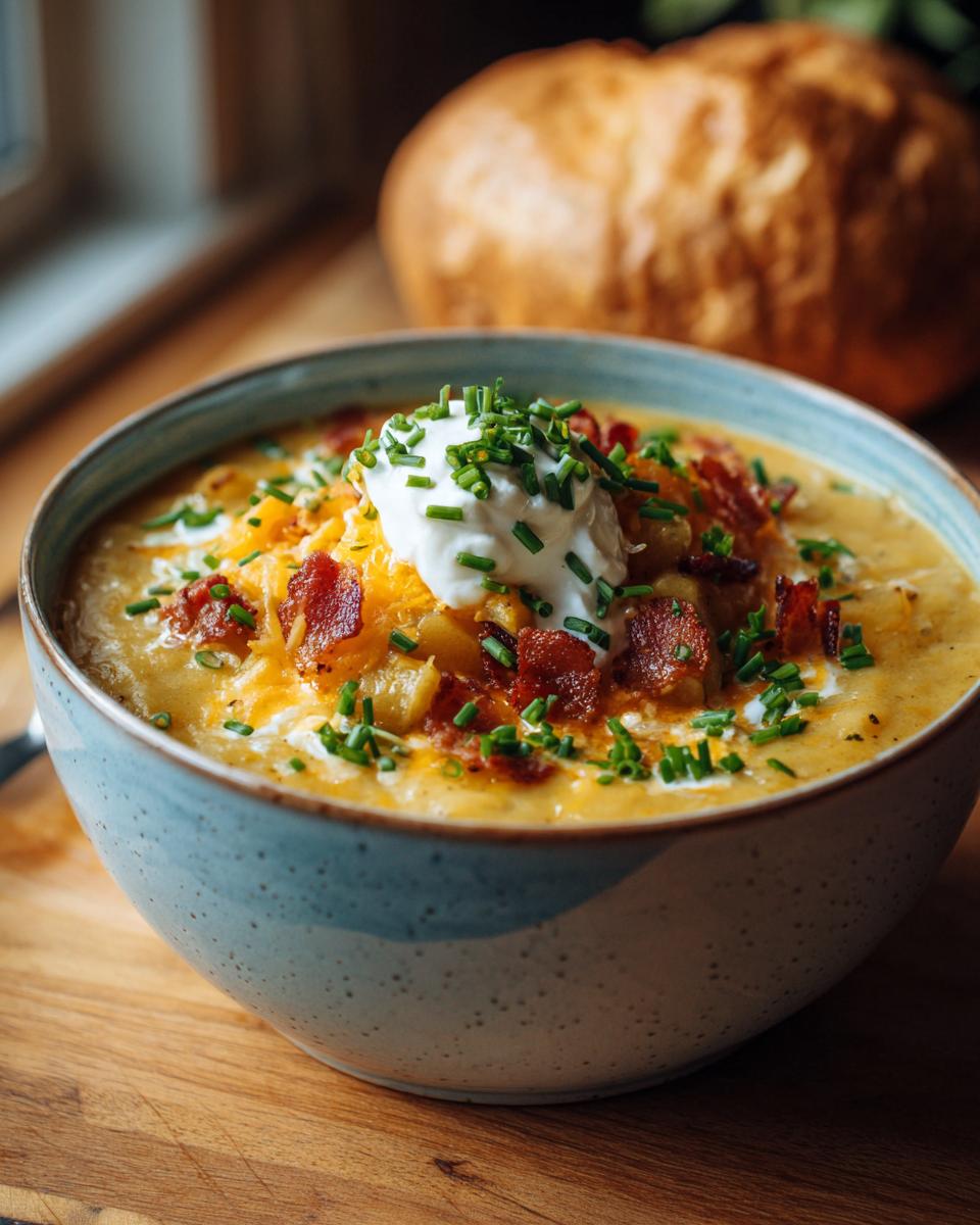 A bowl of creamy Loaded Baked Potato Soup topped with bacon, cheese, sour cream, and chives.