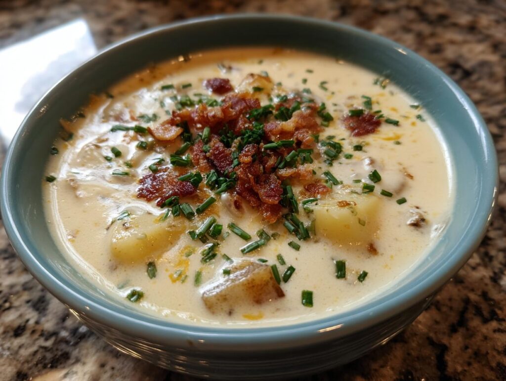 Close-up of a bowl of Loaded Baked Potato Soup (Lightened Up) topped with bacon and chives.