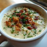 Close-up of a bowl of Loaded Baked Potato Soup (Lightened Up) garnished with bacon and chives.