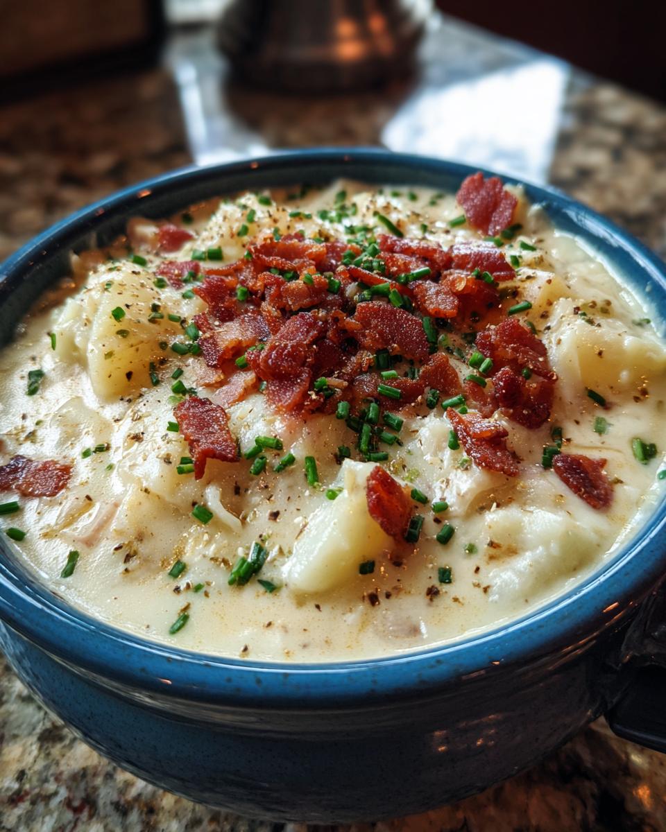 Close-up of a bowl of Loaded Baked Potato Soup (Lightened Up) topped with bacon and chives.