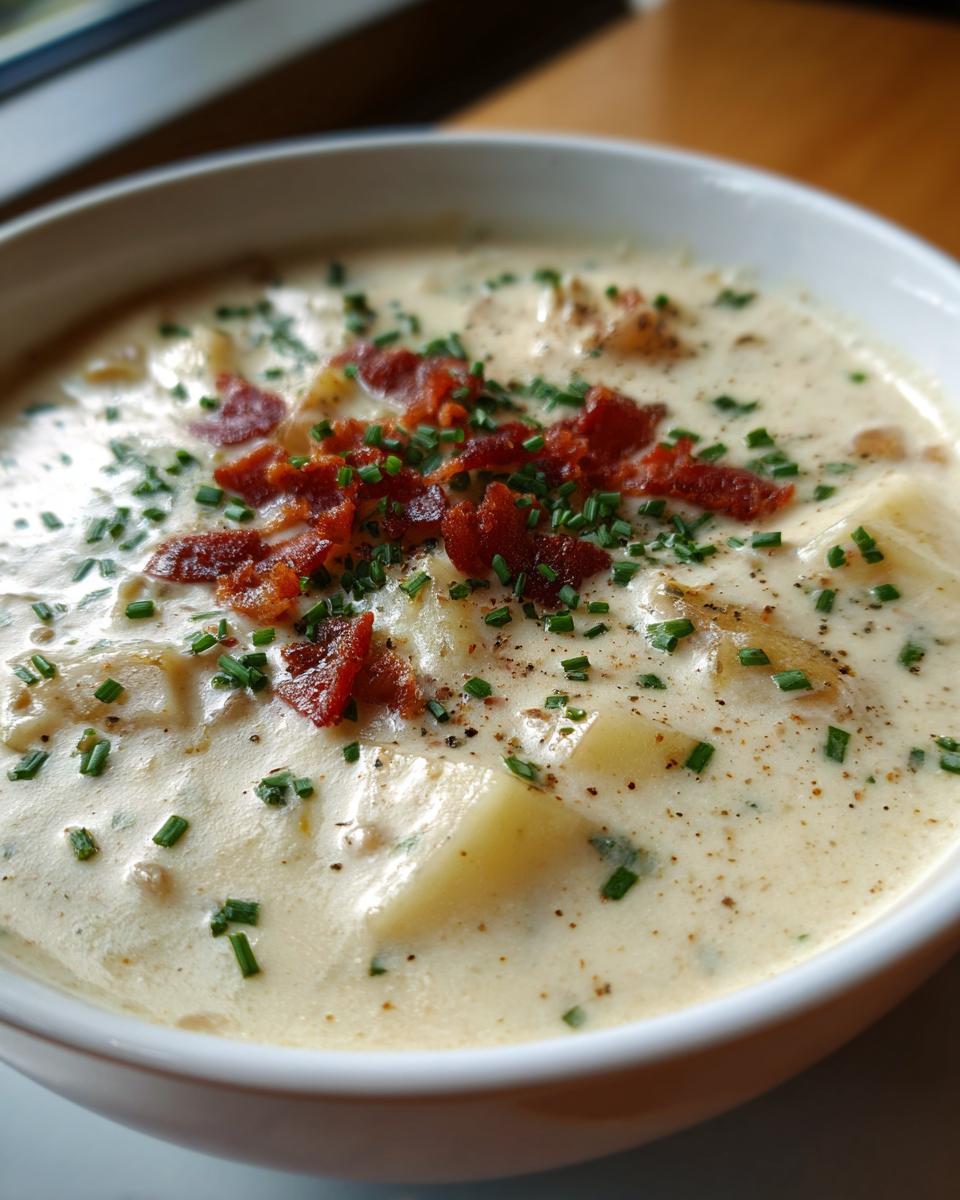 Close-up of a bowl of Loaded Baked Potato Soup (Lightened Up) topped with bacon and chives.