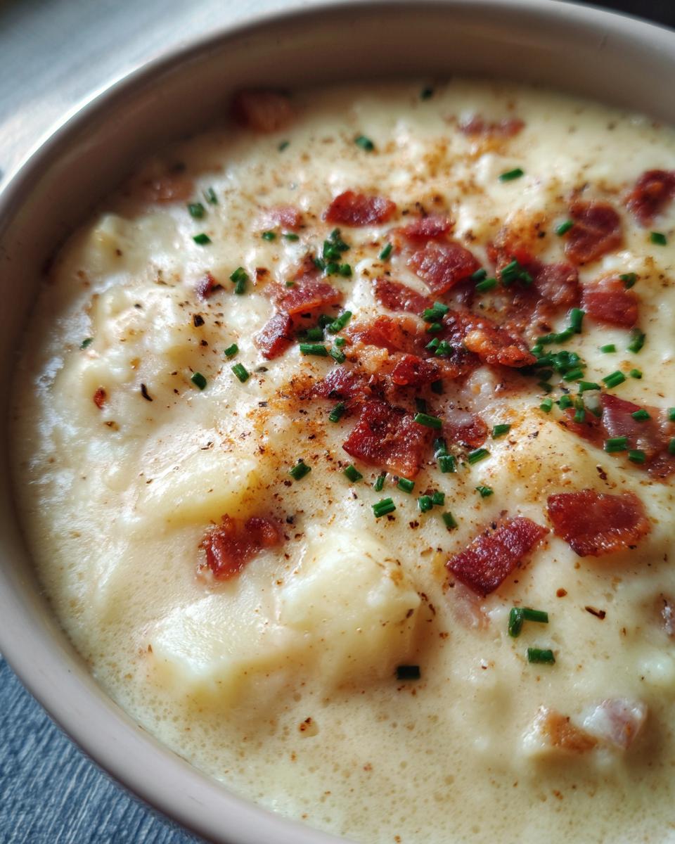 Close-up of a bowl of Loaded Baked Potato Soup (Lightened Up) with bacon and chives.