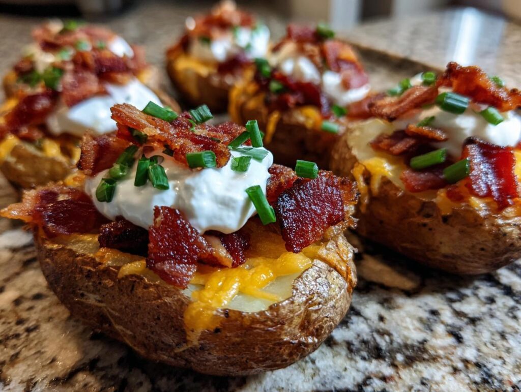 Close-up of delicious Loaded Potato Bites topped with sour cream, crispy bacon, and chives.