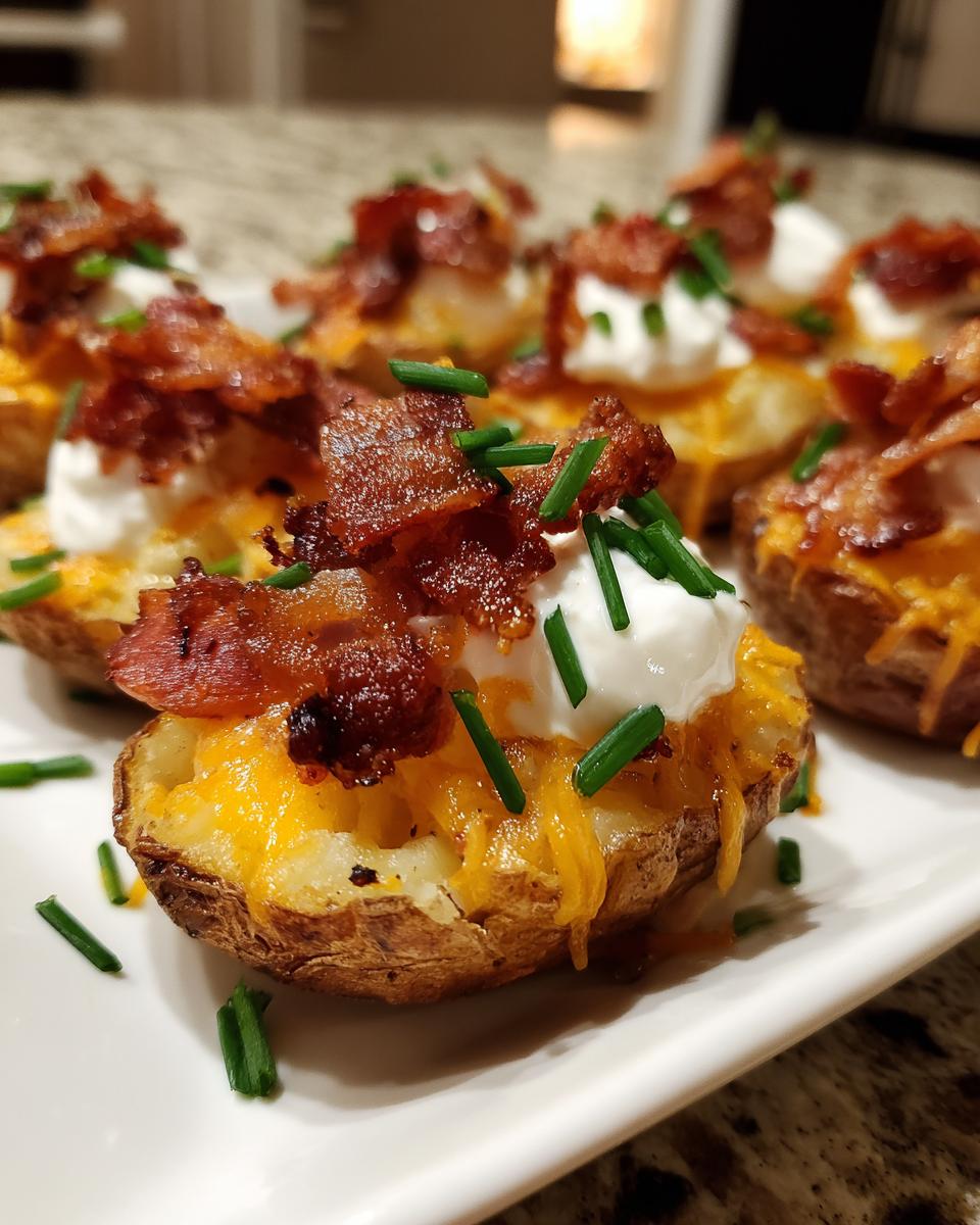 Close-up of delicious Loaded Potato Bites topped with sour cream, melted cheddar cheese, crispy bacon, and fresh chives.