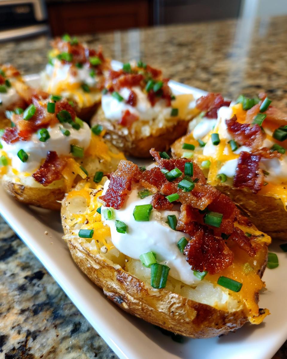 Close-up of Loaded Potato Bites topped with sour cream, shredded cheese, bacon bits, and chives.