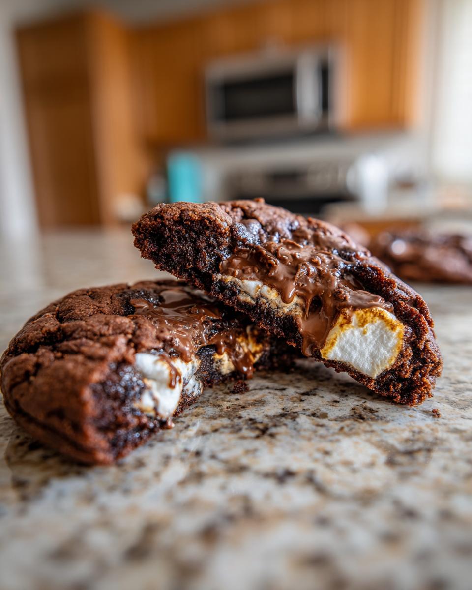 Close-up of a decadent Marshmallow-Surprise Hot Cocoa Cookie, split open to reveal a gooey melted marshmallow and chocolate center.