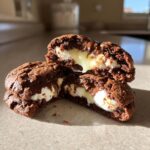 Close-up of two Marshmallow-Surprise Hot Cocoa Cookies, one cut in half to reveal a gooey marshmallow and chocolate center.