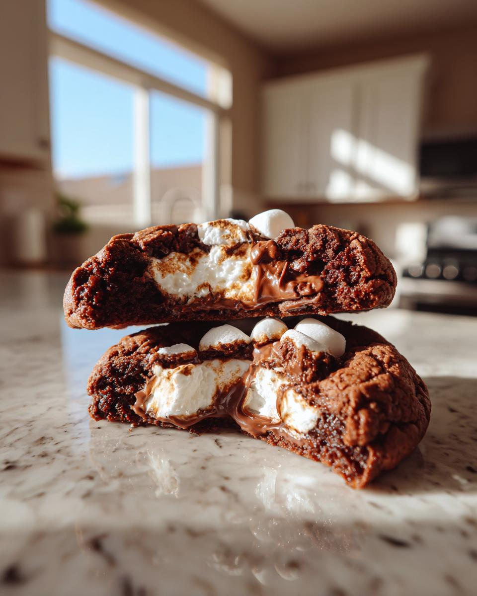 Close-up of two halves of a Marshmallow-Surprise Hot Cocoa Cookie, revealing a gooey melted chocolate center and soft marshmallows.