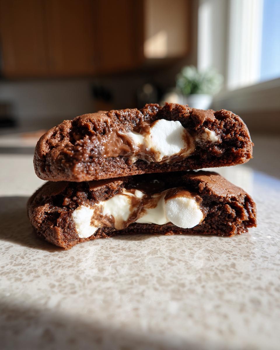 Close-up of two Marshmallow-Surprise Hot Cocoa Cookies stacked, showing a gooey melted marshmallow and chocolate center.