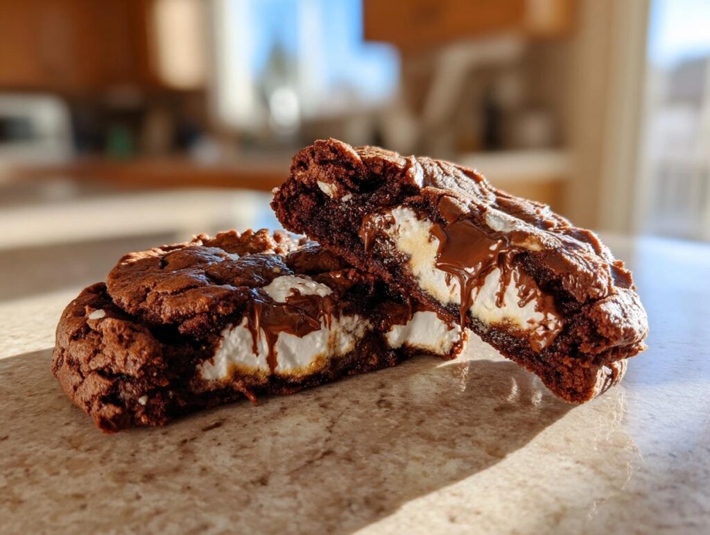 Close-up of two Marshmallow-Surprise Hot Cocoa Cookies, one broken in half to reveal gooey melted marshmallow and chocolate.