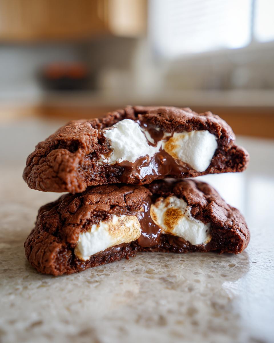 Close-up of two Marshmallow-Surprise Hot Cocoa Cookies stacked, revealing gooey melted marshmallow and chocolate.
