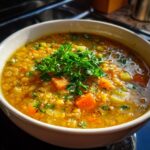 Close-up of a bowl of Mediterranean Lemon Lentil Soup garnished with fresh parsley.