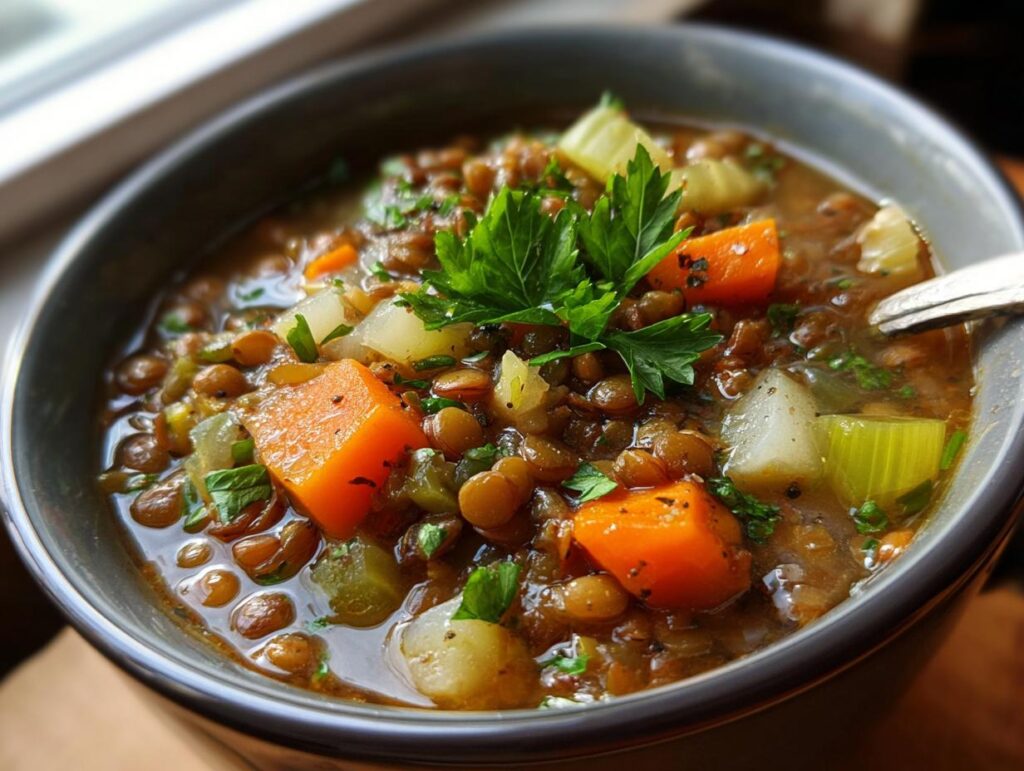 Close-up of a bowl of Mediterranean Lemon Lentil Soup with vegetables and herbs.
