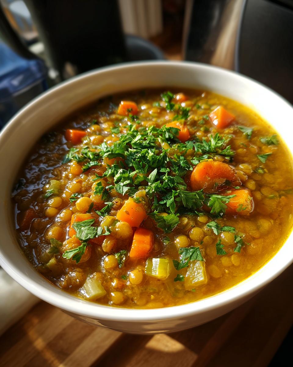 Close-up of a bowl of Mediterranean Lemon Lentil Soup with carrots and fresh herbs.