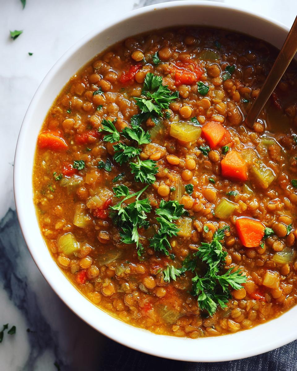 Close-up of a bowl of Mediterranean Lemon Lentil Soup, garnished with fresh parsley.