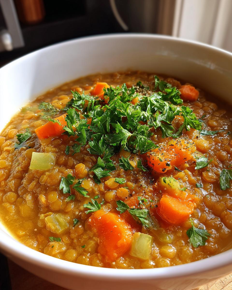 Close-up of a bowl of Mediterranean Lemon Lentil Soup with carrots and fresh parsley.