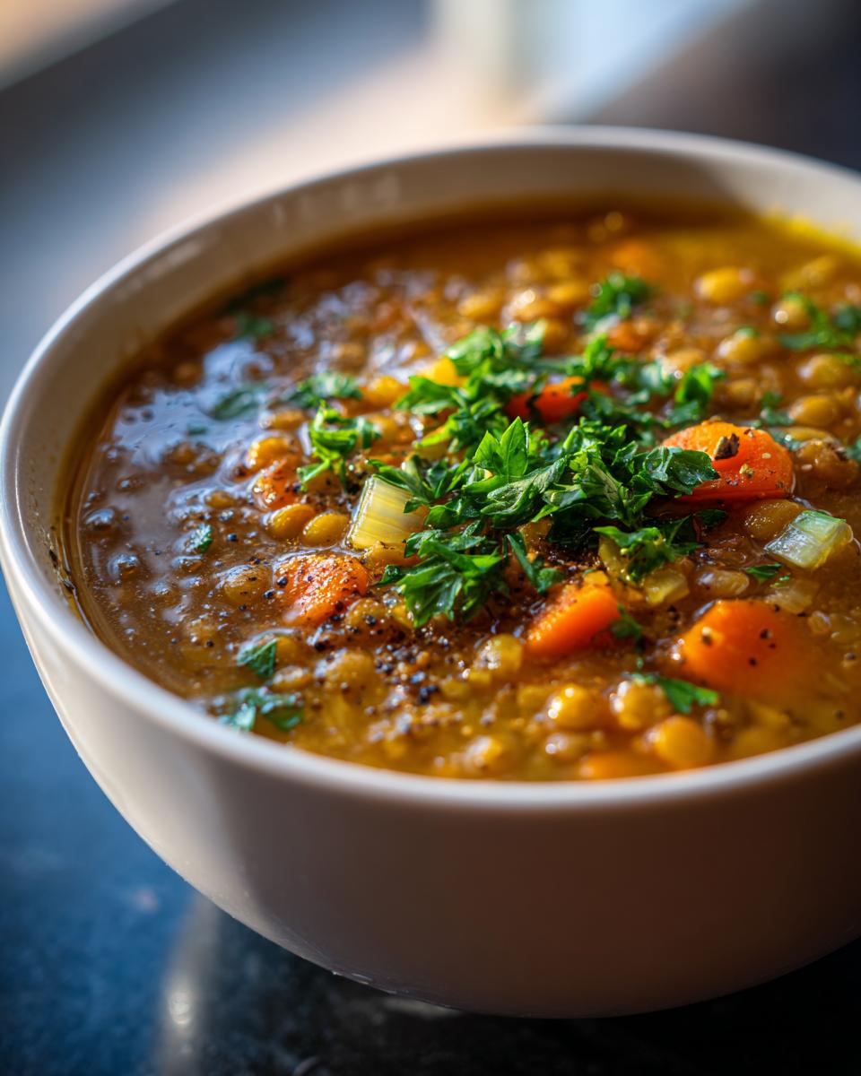 Close-up of a bowl of delicious Mediterranean Lemon Lentil Soup with carrots and herbs.