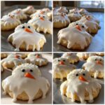 A batch of adorable Melted Snowman Sugar Cookies, decorated with white icing, orange carrot noses, and black candy eyes.