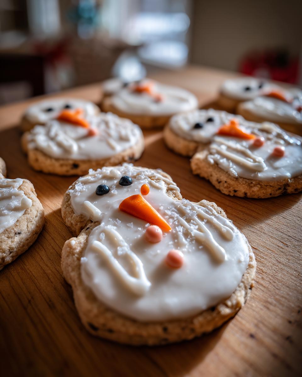 Close-up of several adorable Melted Snowman Sugar Cookies decorated with white icing, orange carrot noses, and black eyes.