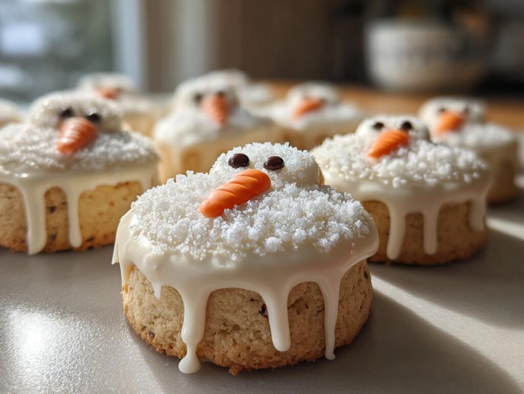 Close-up of adorable Melted Snowman Sugar Cookies decorated with white icing, shredded coconut, chocolate chip eyes, and carrot noses.