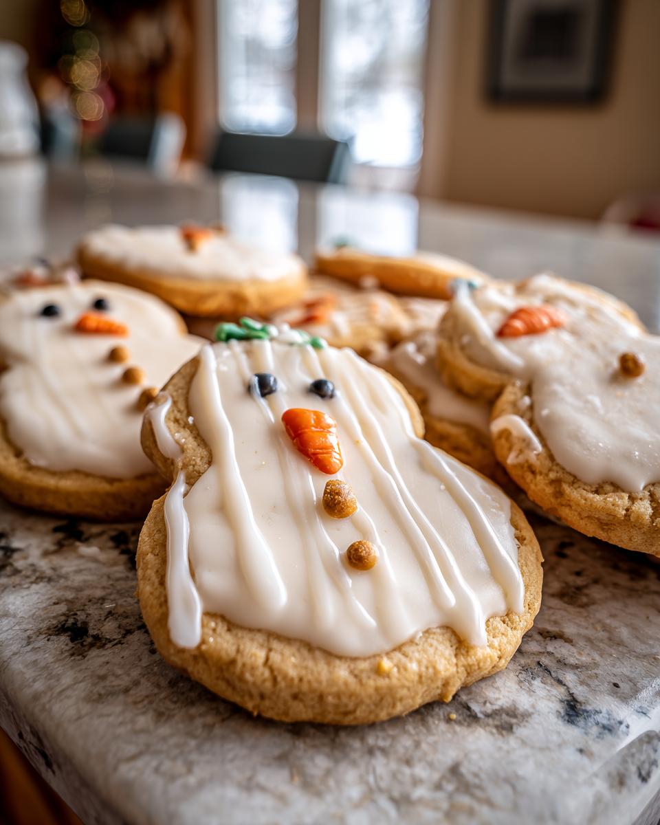 Close-up of adorable Melted Snowman Sugar Cookies decorated with white icing, orange carrot noses, and chocolate chip eyes.
