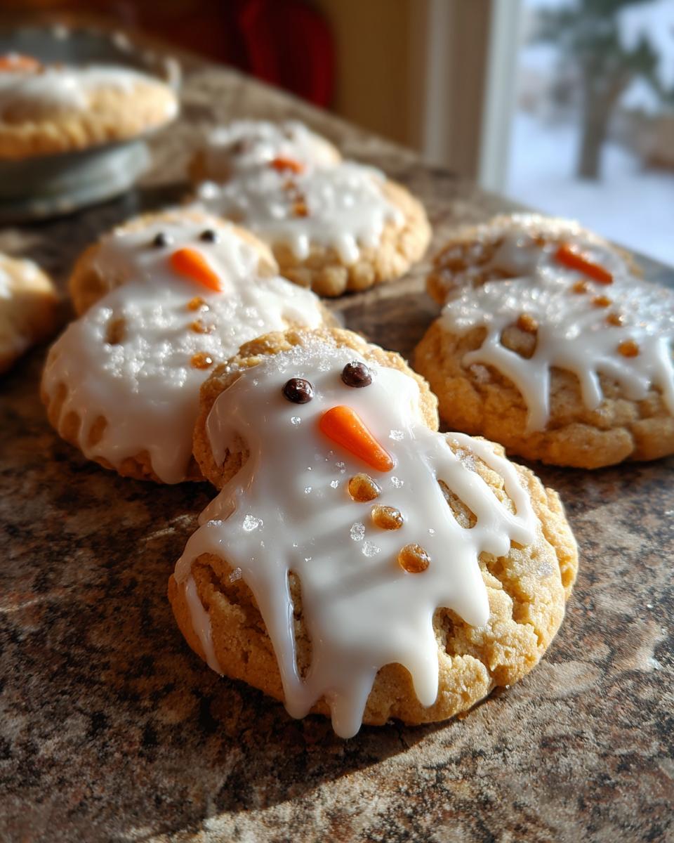 Close-up of adorable Melted Snowman Sugar Cookies decorated with white icing, orange carrot noses, and chocolate chip eyes.
