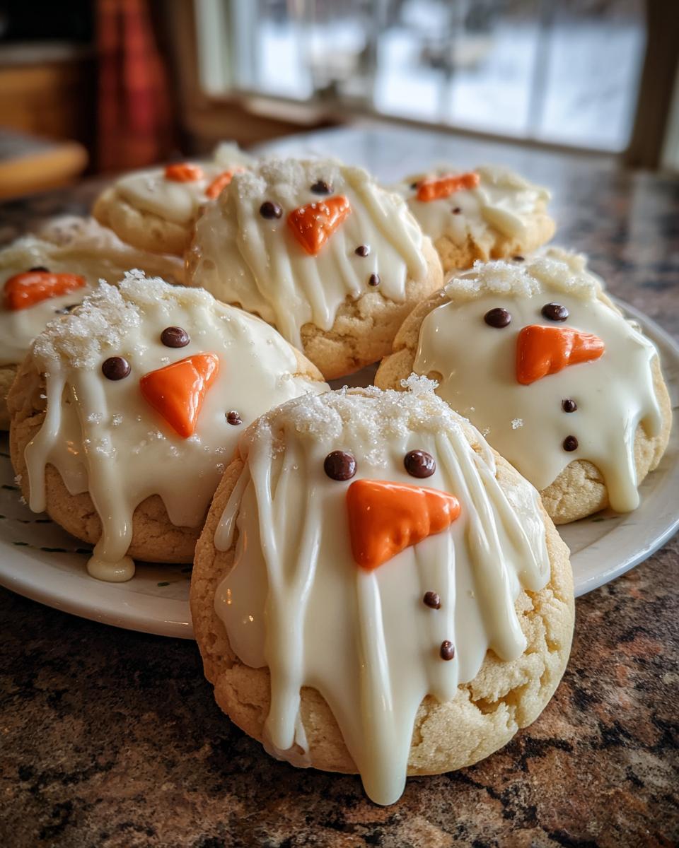 A plate of adorable Melted Snowman Sugar Cookies, decorated with white icing, orange candy noses, and chocolate chip eyes and buttons.