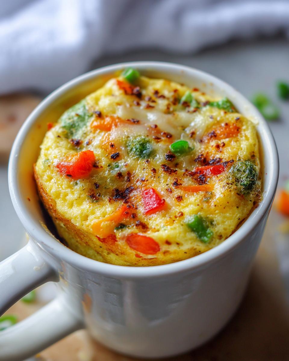 Close-up of a Microwave Mug Omelette with Veggies in a white mug, showing colorful vegetables.