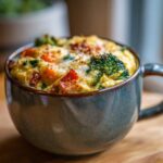 Close-up of a Microwave Mug Omelette with Veggies, including broccoli and tomatoes, in a mug.
