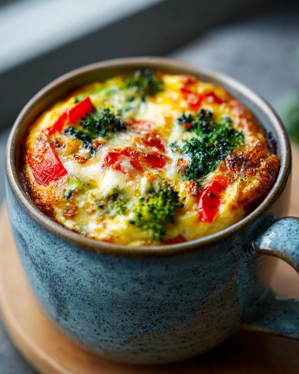 Close-up of a Microwave Mug Omelette with Veggies, including broccoli and red peppers.